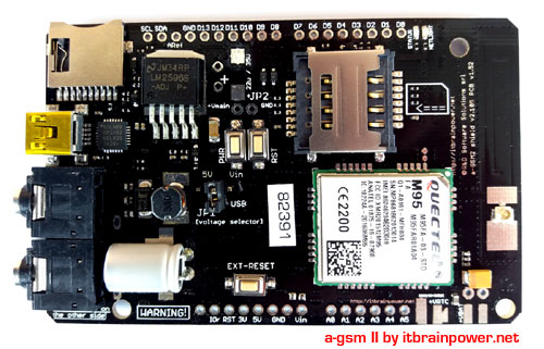 integrated antenna, dual SIM, full size GSM shield compatible all Arduino, Teensy, BeagleBone and RASPBERRY PI : a-gsmII by itbrainpower.net