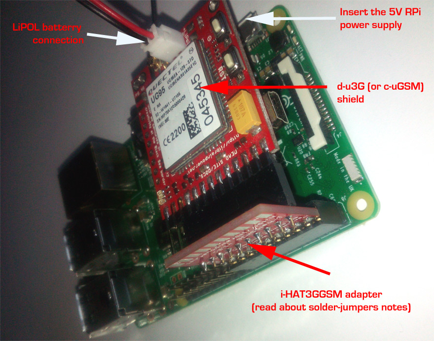 i-hatGSM3G adaptor >> Raspberry PI + c-uGSM/d-u3G shield, using only 5V Raspberry PI power supplies