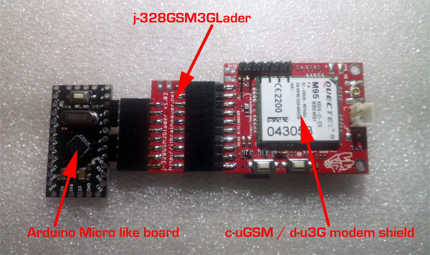 mobile IoT hardware - convenient connection between c-uGSM/h-nanoGSM/d-u3G and any flavour of Arduino Pro Mini like boards using j-GSM3GLader howto start tutorial
