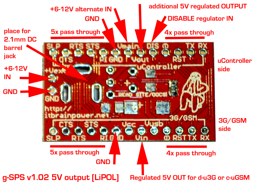 switching power supply for GSM / 3G SHIELD - Arduino RASPBERY PI compatible - with Lithium Polymer powering version : g-SPS v1.02 5V output [LiPOL] - bottom description