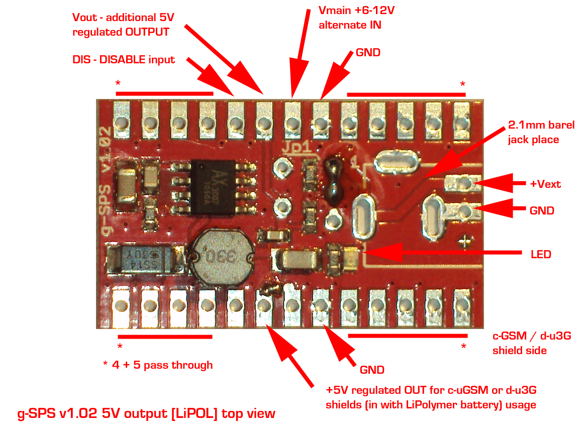 switching power supply for GSM / 3G SHIELD - Arduino RASPBERY PI compatible - with Lithium Polymer powering version : g-SPS v1.02 5V output [LiPOL] - top description