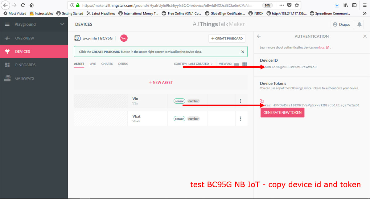 test BC95G NB IoT - copy device Id and token from AllThingsTalk cloud