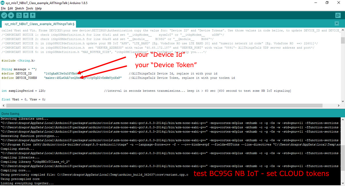 test BC95G NB IoT - set AllThingsTalk device Id and token in Arduino