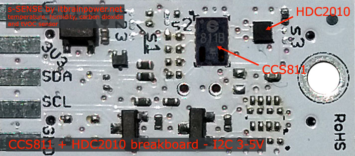 CCS811 + HDC2010 I2C sensor break out board  CO2 tVoC temperature humidity Sensor - s-Sense by itbrainpower.net :: top view
