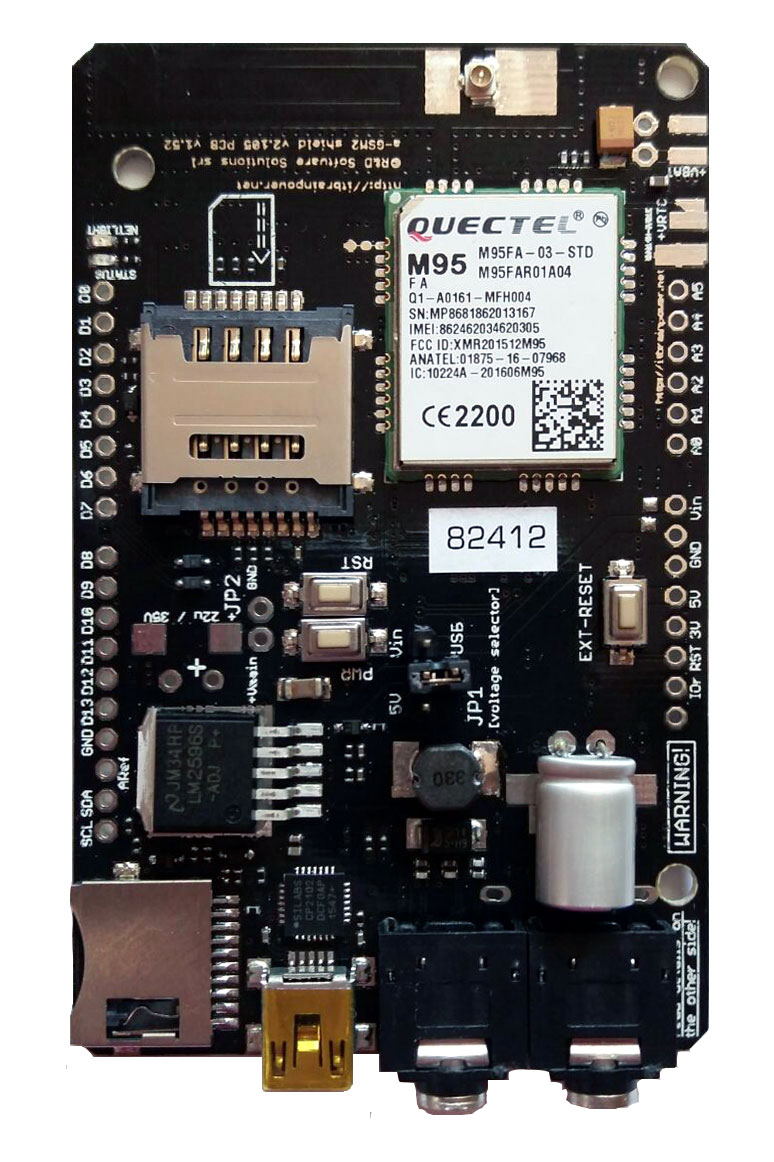 Arduino GSM Shield [dual SIM, integrated antenna, USB, SD, uFL external GSM antenna connector) - Raspberry PI, BeagleBone, Arduino and Teensy compatible, top view * a-gsmII by itbrainpower.net