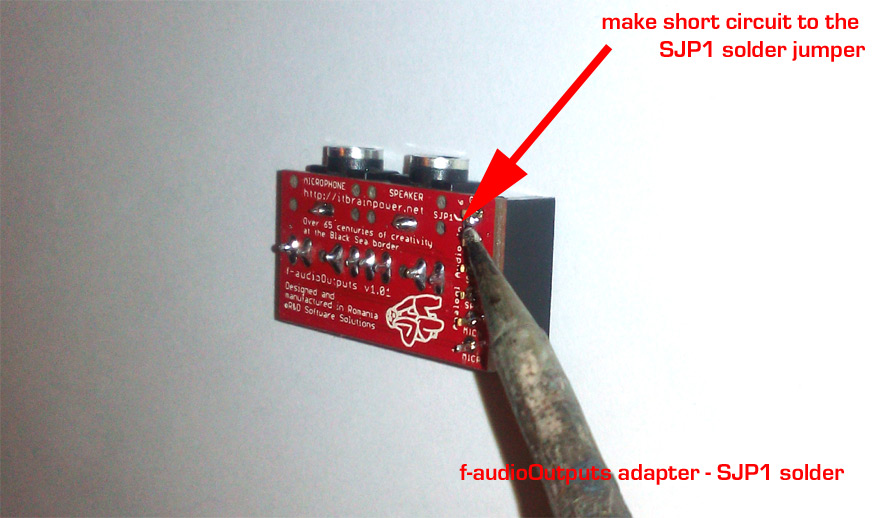 f-AudioOutputs Audio adapter for c-uGSM shield - Make solder short-circuit to the SJP1 solder jumper on the f-AudioOutputs adapter