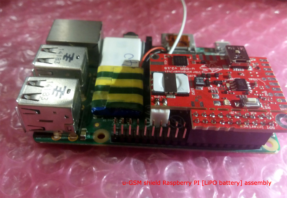 u-GSM Raspberry PI assembly with Lithium Polymer battery