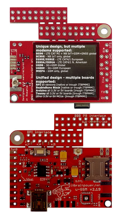 LTE CAT M1, NB IoT, LTE CAT4, LTE CAT1, UMTS, and GSM shield SHIELD MODULAR MODEM - Arduino Teensy BEAGLEBONE RASPBERRY PI compatible, top & bottom view * u-GSM 2.19