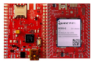 low power ARM0 shield equipped w. Quectel BC95G - NB-IOT only modem global version - Arduino compatible, both sides view, 300px * xyz-mIoT v. 2.09