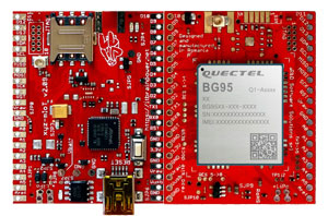 low power ARM0 shield equipped w. Quectel BG95 - LTE CATM1 + NB-IOT + GNSS modem global version - Arduino compatible, both sides view, 300px * xyz-mIoT v. 2.09