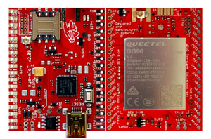 low power ARM0 shield equipped w. Quectel BG96 - LTE CATM1 + NB-IOT + EGPRS + GNSS modem global version - Arduino compatible, both sides view, 300px * xyz-mIoT v. 2.09