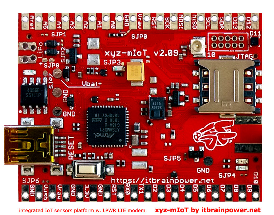 smart IoT hardware : xyz-mIOT by itbrainpower.net - ARM0 IoT sensors platform w. LTE NB IoT/CAT M1 modem - bottom